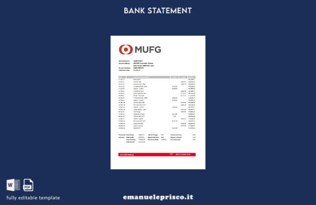 modello Excel di estratto conto bancario Japan Mufg in stile verificato